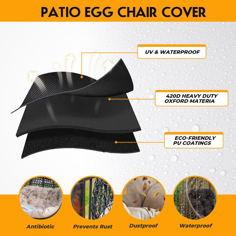 Uthem Double Egg Chair Cover Waterproof 420D Oxford Hanging Outdoor Furniture Covers for Patio Wicker Egg Swing Cocoon Chair, 91x80 Inches, Black - Image 4